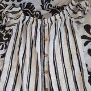 White and Black striped, light, flowy, tied sleeves, wooden buttons